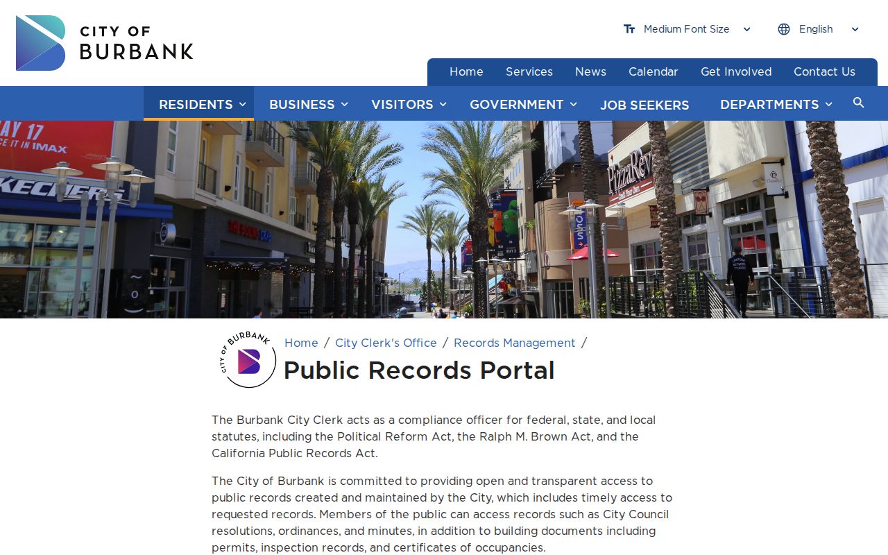 Burbank residents directory view of the city public records portal