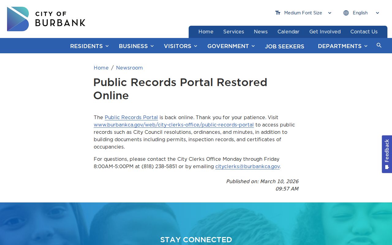 Burbank previous residents view of the city's restored public records portal