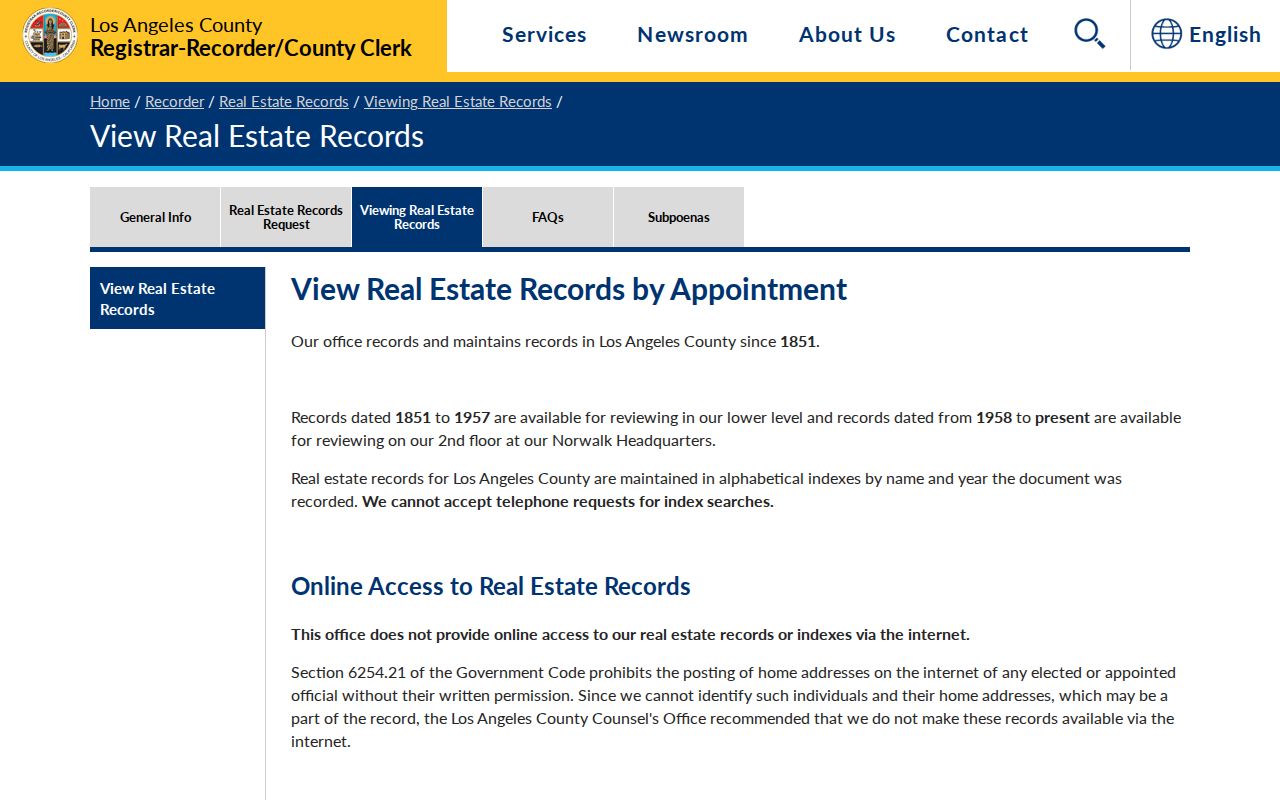 Burbank street directory view of the county deed index policy